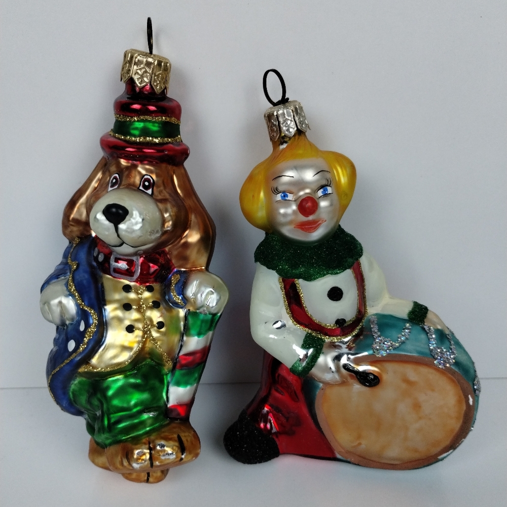 Festive Vintage Handblown Glass Ornaments - Dog and Clown Design READ